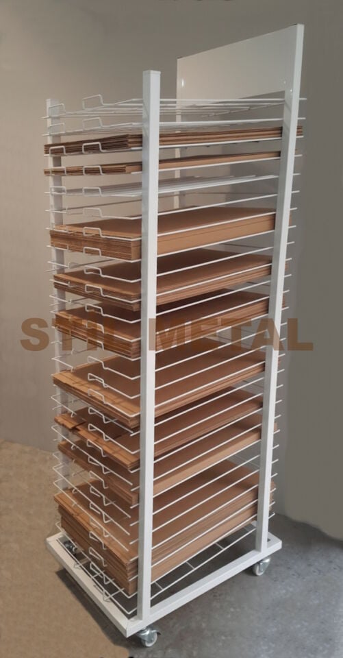 Tekerlekli Metal Kağıt Teşhir ve Mukavva Standı - Çok Raflı