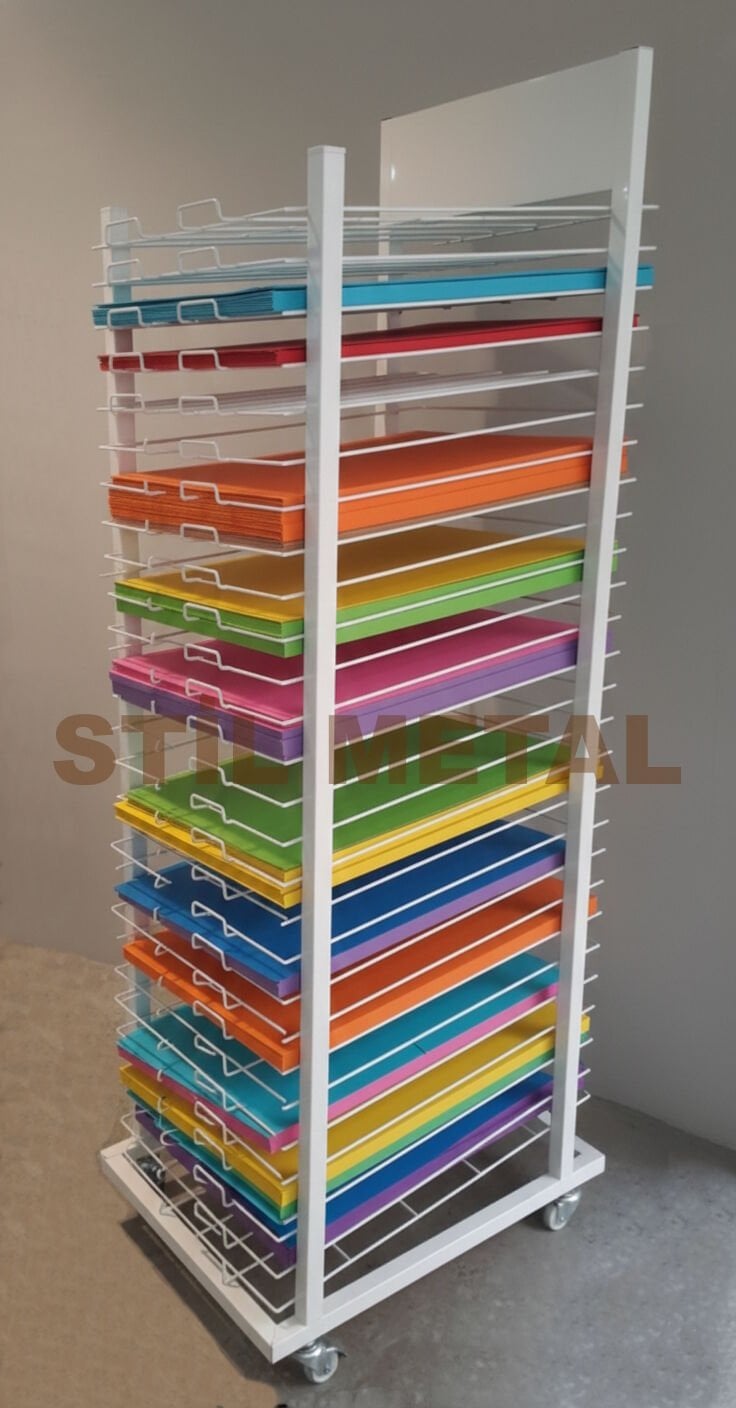 Tekerlekli Metal Kağıt Teşhir ve Mukavva Standı - Çok Raflı