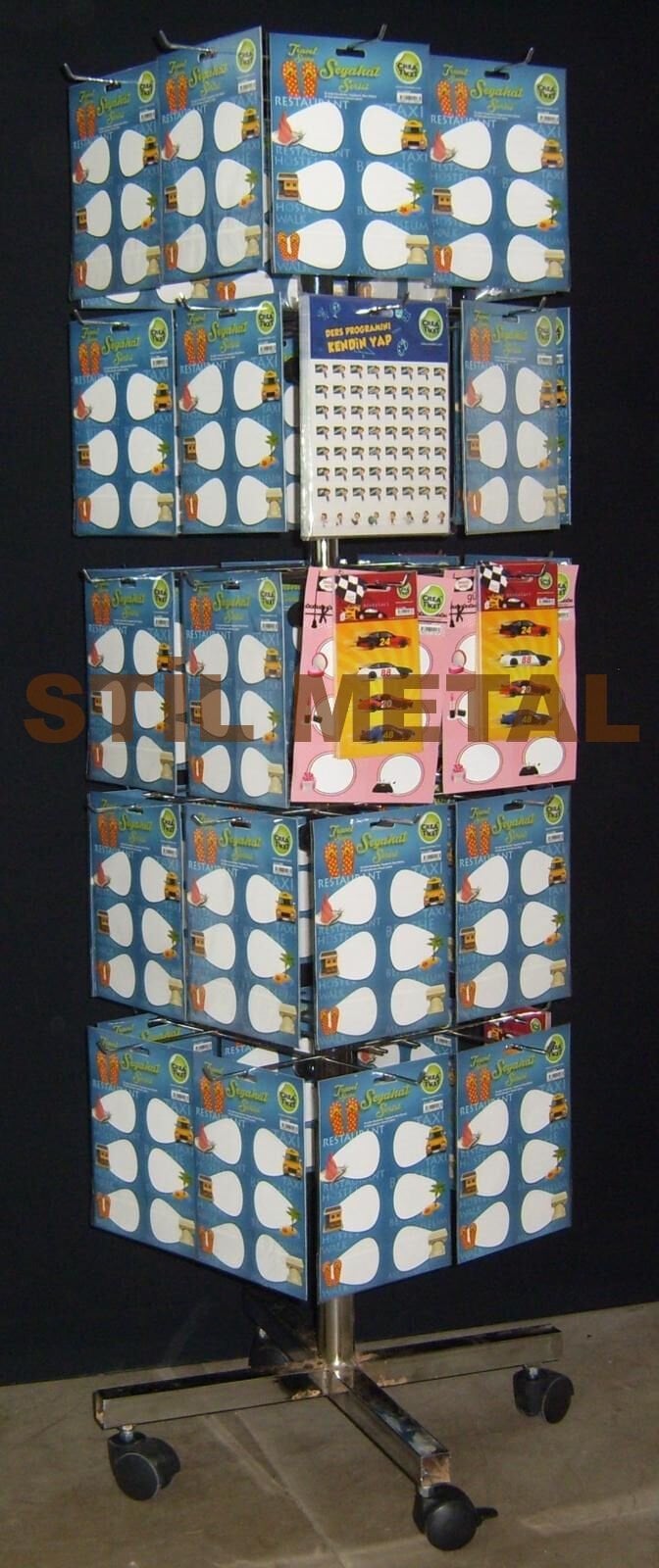 4-Way Rotating Metal Display Stand with Wheels - Spinning Hook Rack