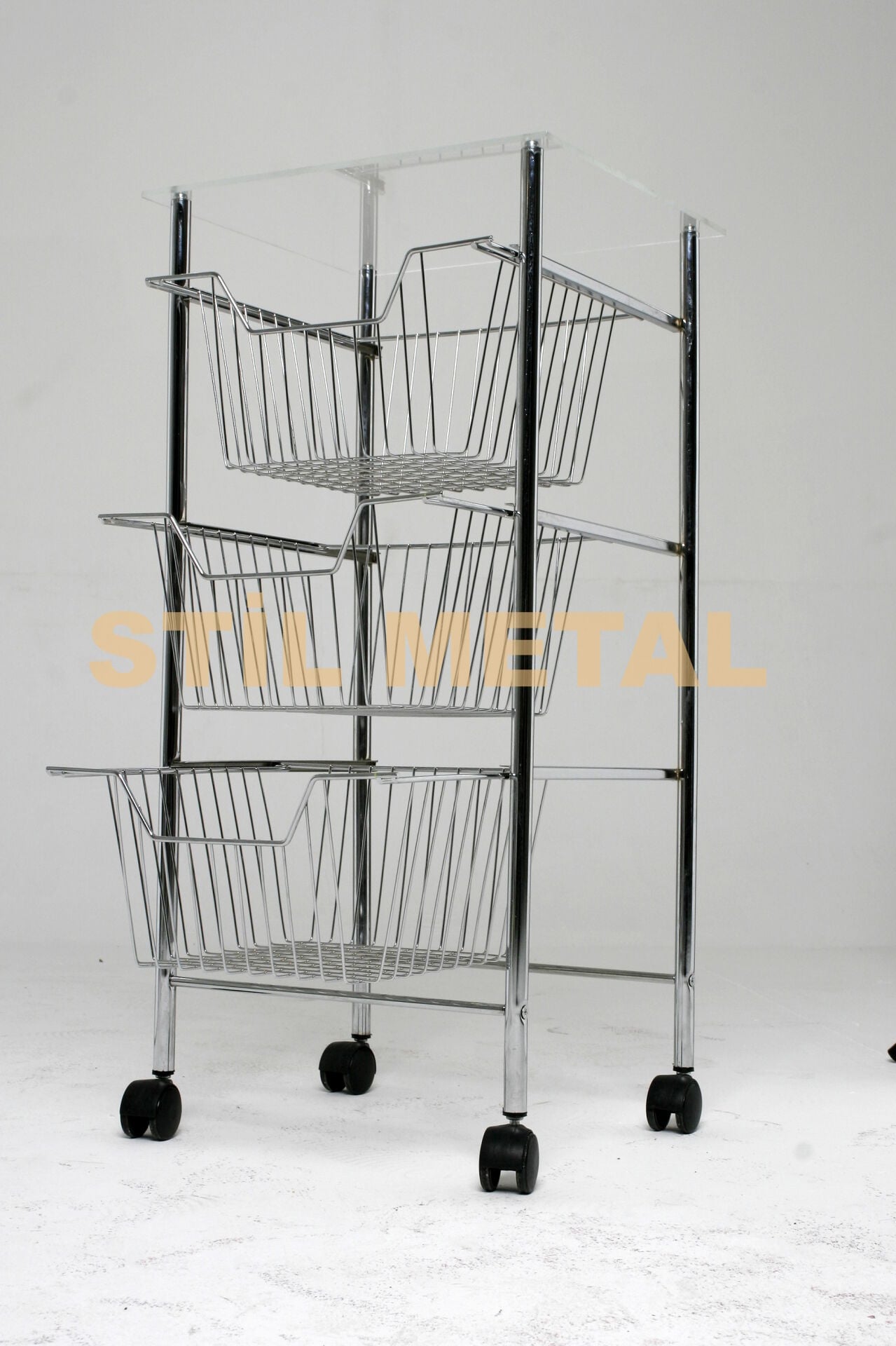 3 Katlı Tekerlekli Metal Meyve Sebze Standı - Üst Tablalı Mutfak Arabası