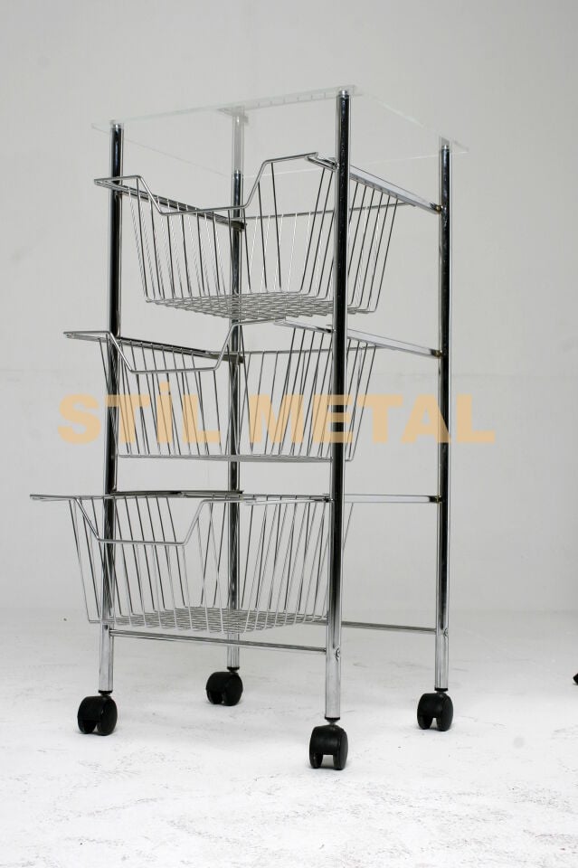 3 Katlı Tekerlekli Metal Meyve Sebze Standı - Üst Tablalı Mutfak Arabası