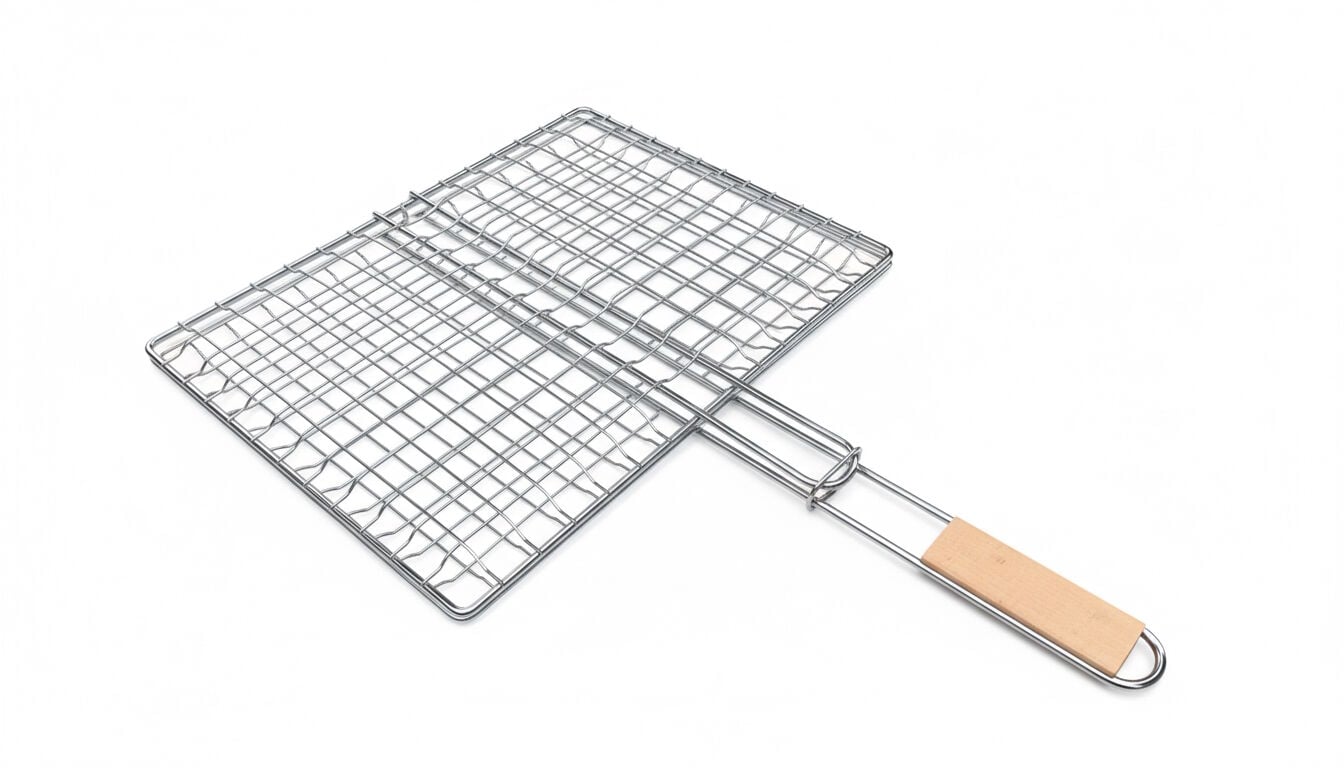 Ahşap Saplı Derin Hazneli Lüks Mangal Izgarası - Barbekü Teli 40x31 cm