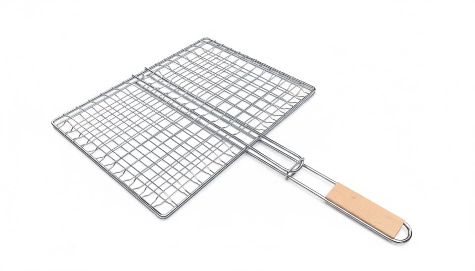Ahşap Saplı Derin Hazneli Lüks Mangal Izgarası - Barbekü Teli 40x31 cm