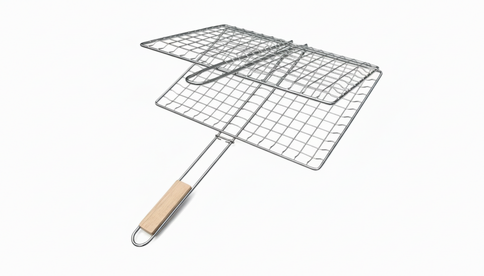 Ahşap Saplı Derin Hazneli Lüks Mangal Izgarası - Barbekü Teli 40x31 cm