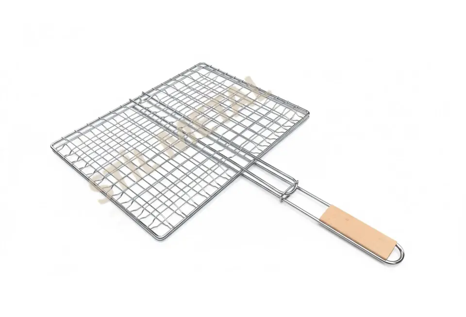 Ahşap Saplı Derin Hazneli Lüks Mangal Izgarası - Barbekü Teli 40x31 cm