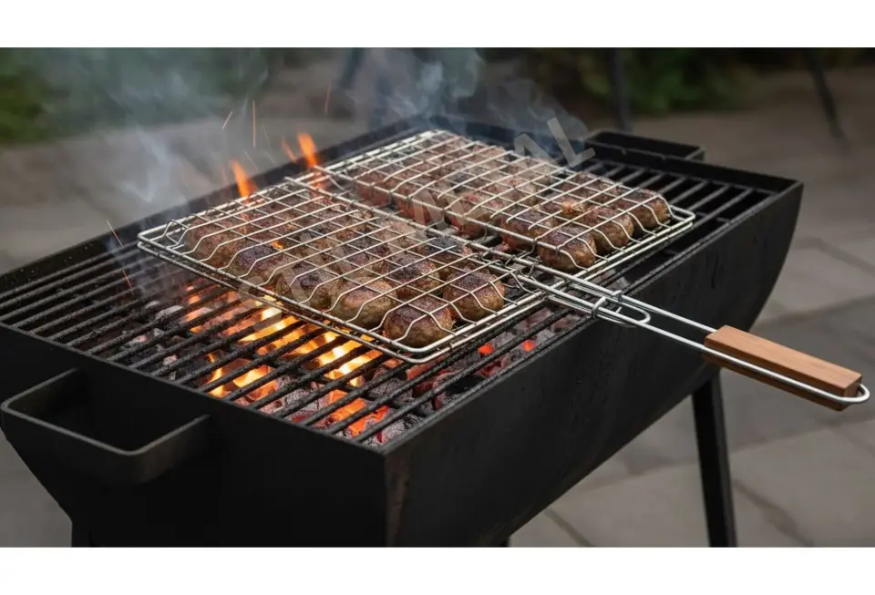 Ahşap Saplı Derin Hazneli Lüks Mangal Izgarası - Barbekü Teli 40x31 cm