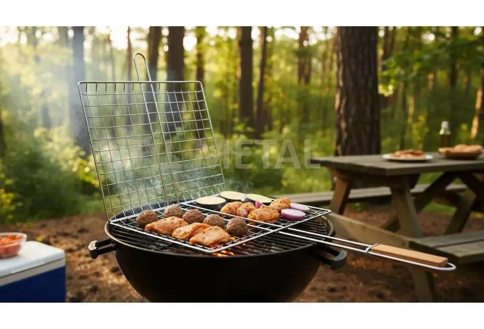 Ahşap Saplı Derin Hazneli Lüks Mangal Izgarası - Barbekü Teli 40x31 cm