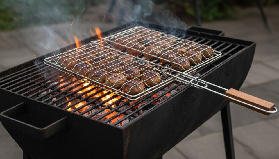 Ahşap Saplı Derin Hazneli Lüks Mangal Izgarası - Barbekü Teli 40x31 cm