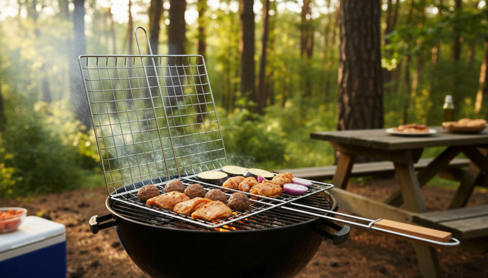 Ahşap Saplı Derin Hazneli Lüks Mangal Izgarası - Barbekü Teli 40x31 cm