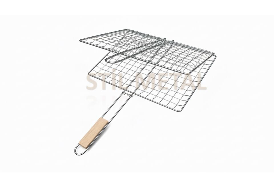 Ahşap Saplı Derin Hazneli Lüks Mangal Izgarası - Barbekü Teli 40x31 cm